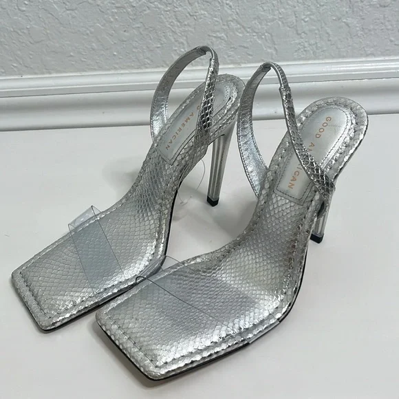 Good American Snake Lucite Silver Heels Size 9 - Picture 4 of 8